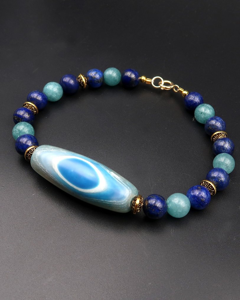 青金石 - 翡翠手链 - Dzi Œil de Bouddha:神圣视觉,智慧护佑 - 14K GF金质扣 - 手镯 #1.0