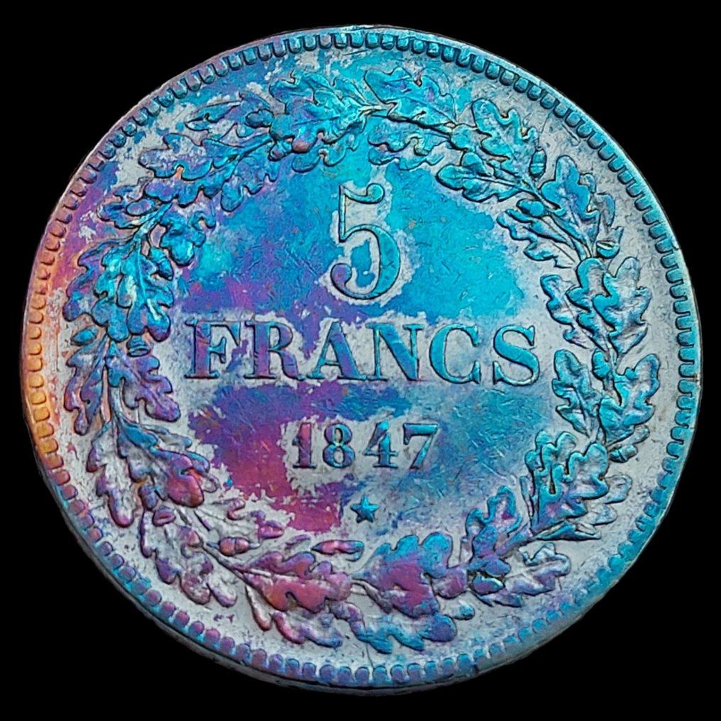 比利时. 利奥波德一世. 5 Francs 1847 / Pos A / 699.601 ex / Patine bleue irisée! / Qualité! #1.0