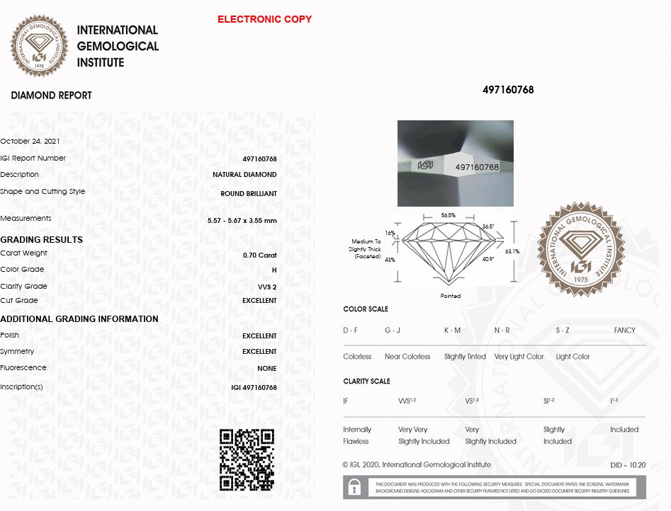 1 pcs 钻石 (天然) - 0.70 ct - 圆形 - H - VVS2 极轻微内含二级 - 国际宝石研究院(IGI) - Ex Ex Ex 无 #2.1