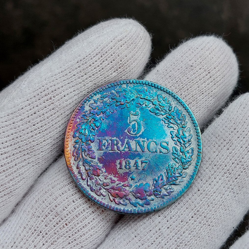 比利时. 利奥波德一世. 5 Francs 1847 / Pos A / 699.601 ex / Patine bleue irisée! / Qualité! #4.3