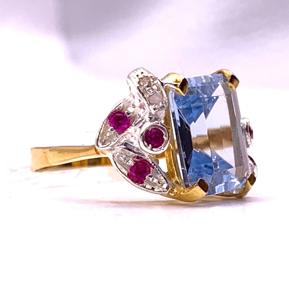 Ingen reservasjonspris - Statement ring - 9 karat Gull, Sølv Akvamarin - Rubin - diamant #3.2