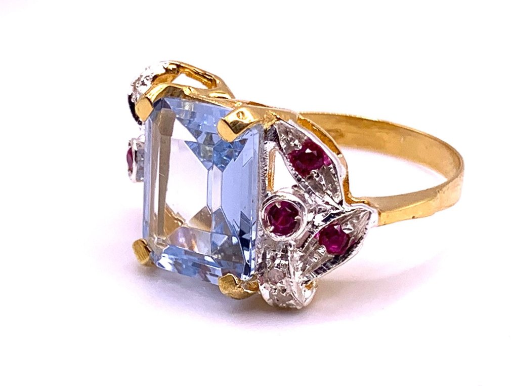 Ingen reservasjonspris - Statement ring - 9 karat Gull, Sølv Akvamarin - Rubin - diamant #2.1