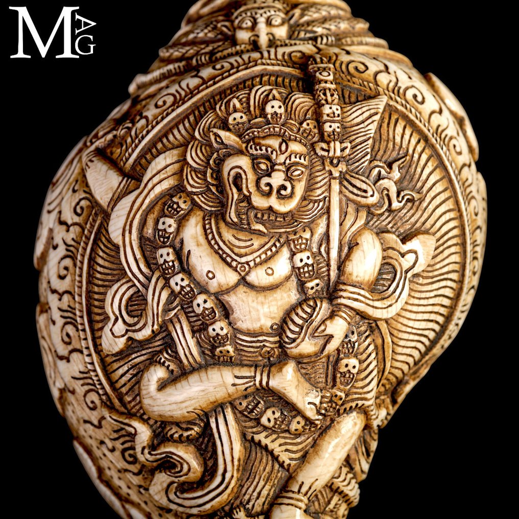 Antiikki hindulainen Shankha-savi - käsin kaiverrettu Simpukankuoret - Old Tibetan Buddhism conch inlaid Mahakala #1.0