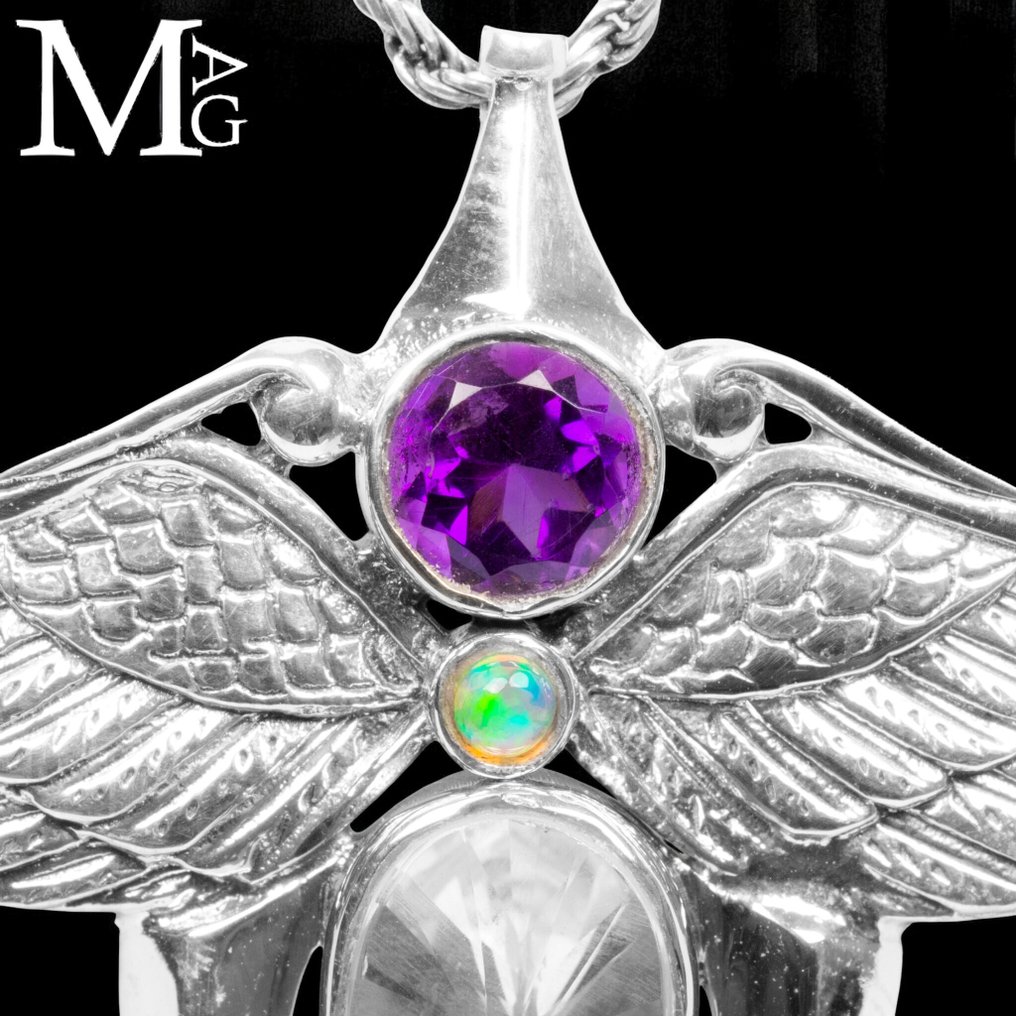 Light Guardian Pendant – Amethyst, Opal and Quartz Winged Jewelry: Spirituality and Eclecticism of Life. - Height: 62 mm - Width: 58 mm- 17 g #2.1