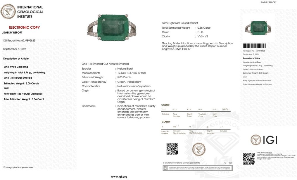 Ingen reservasjonspris - Ring - 14 karat Hvitt gull - 5.56ct. tw. Smaragd - Diamant #3.2