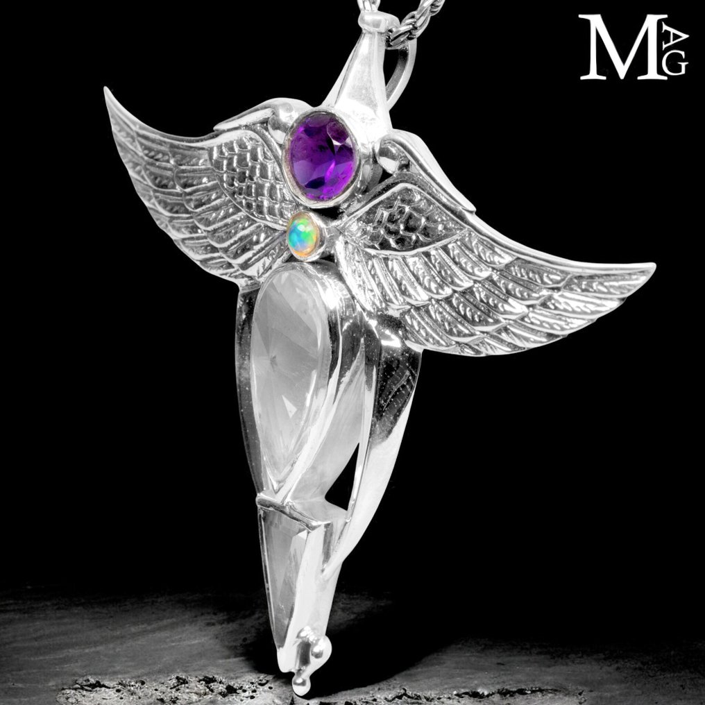 Light Guardian Pendant – Amethyst, Opal and Quartz Winged Jewelry: Spirituality and Eclecticism of Life. - Height: 62 mm - Width: 58 mm- 17 g #3.2