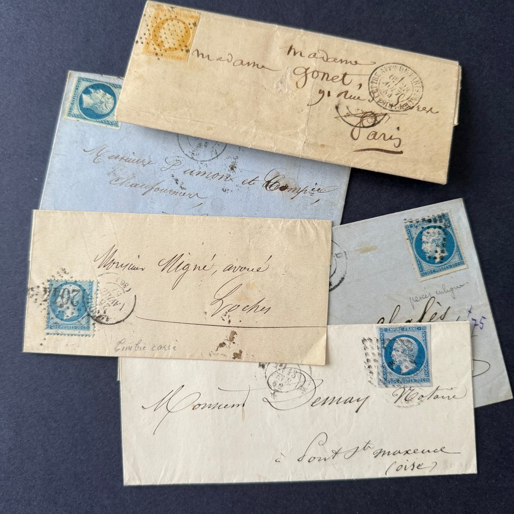 法國  - Yvert 13、14、22 '拿破仑' 邮票，已邮戳覆盖在信件上（变体：戳记、绿色色调等）—— B/TB #1.0