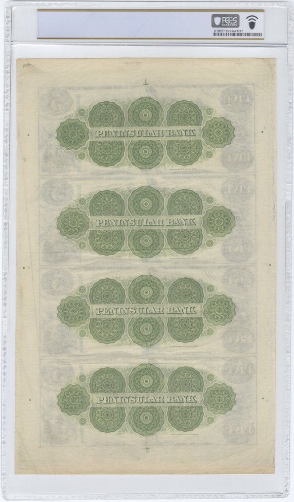 Ηνωμένες Πολιτείες Αμερικής. - 4 x 5 Dollars 1860s Remainder - The Peninsular Bank - Uncut Sheet of 4 - Haxby #1 MI-155-X2 #1.0