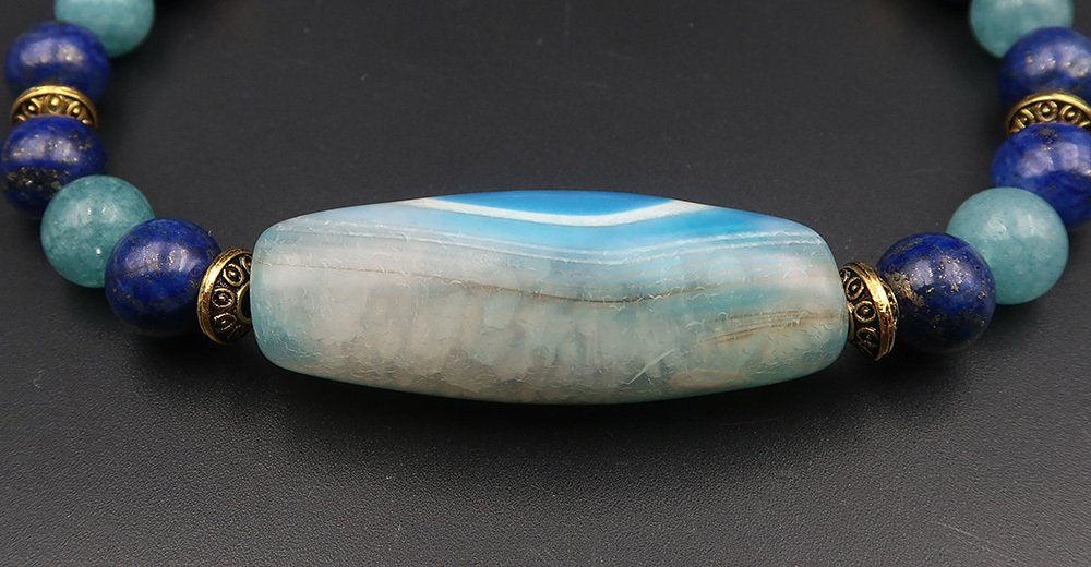 青金石 - 翡翠手链 - Dzi Œil de Bouddha:神圣视觉,智慧护佑 - 14K GF金质扣 - 手镯 #4.3