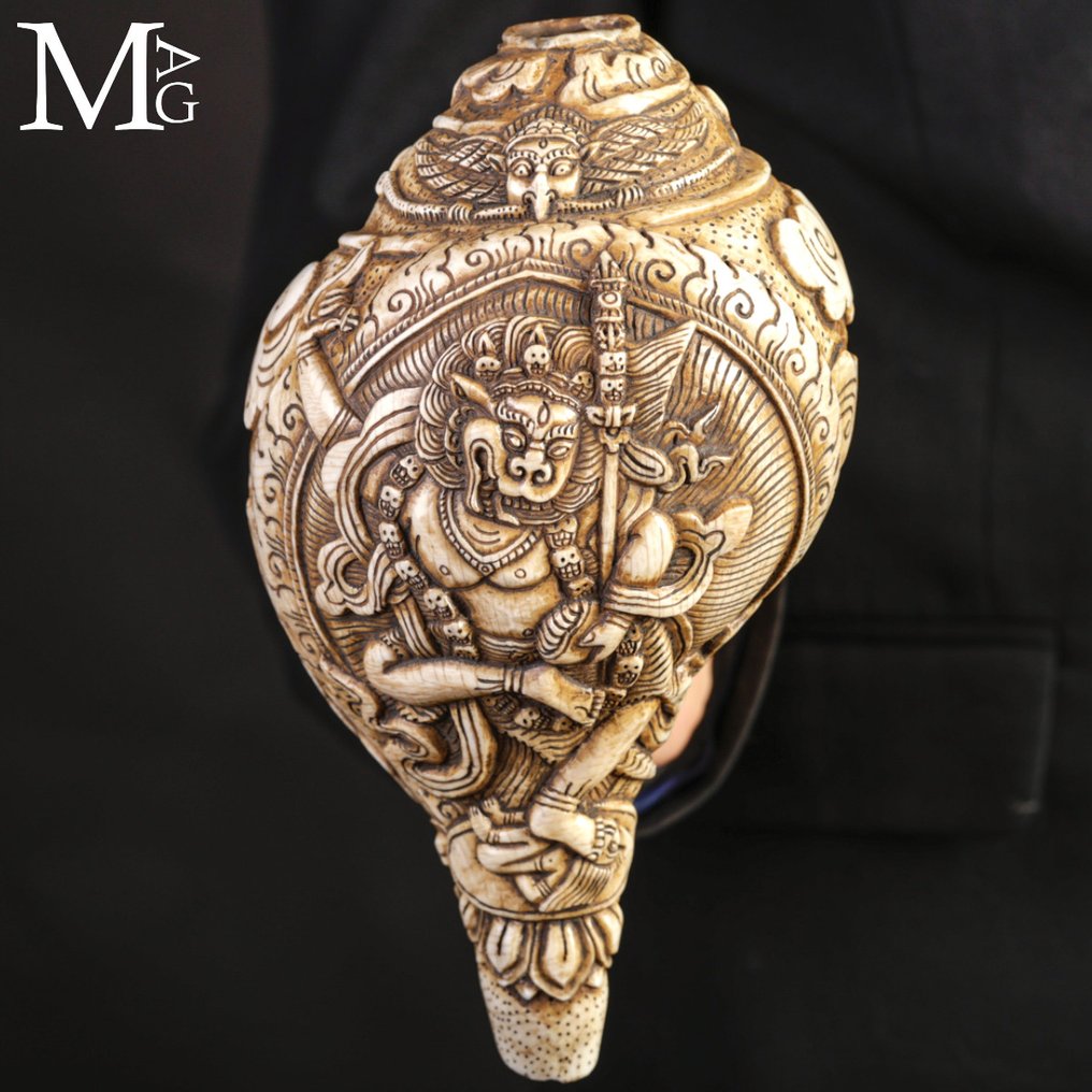 Antiikki hindulainen Shankha-savi - käsin kaiverrettu Simpukankuoret - Old Tibetan Buddhism conch inlaid Mahakala #1.0
