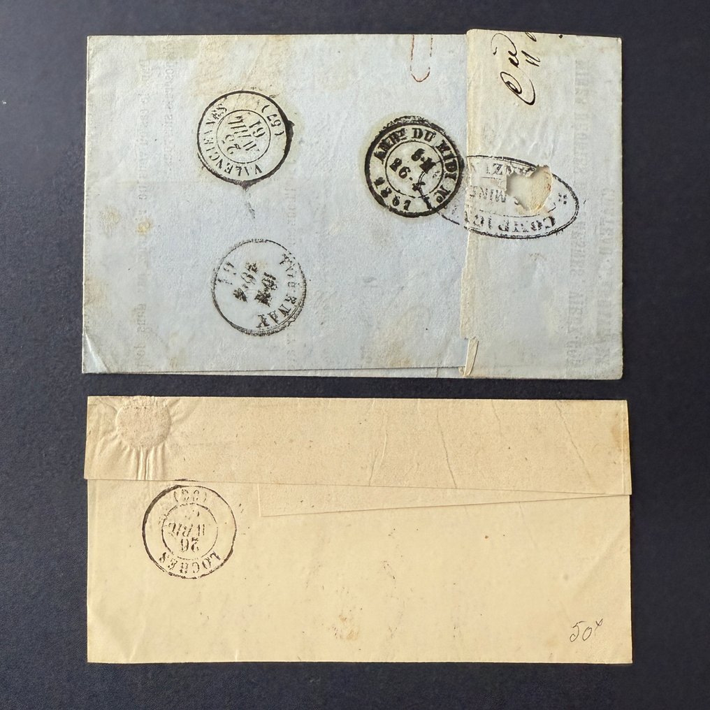 法國  - Yvert 13、14、22 '拿破仑' 邮票，已邮戳覆盖在信件上（变体：戳记、绿色色调等）—— B/TB #4.3