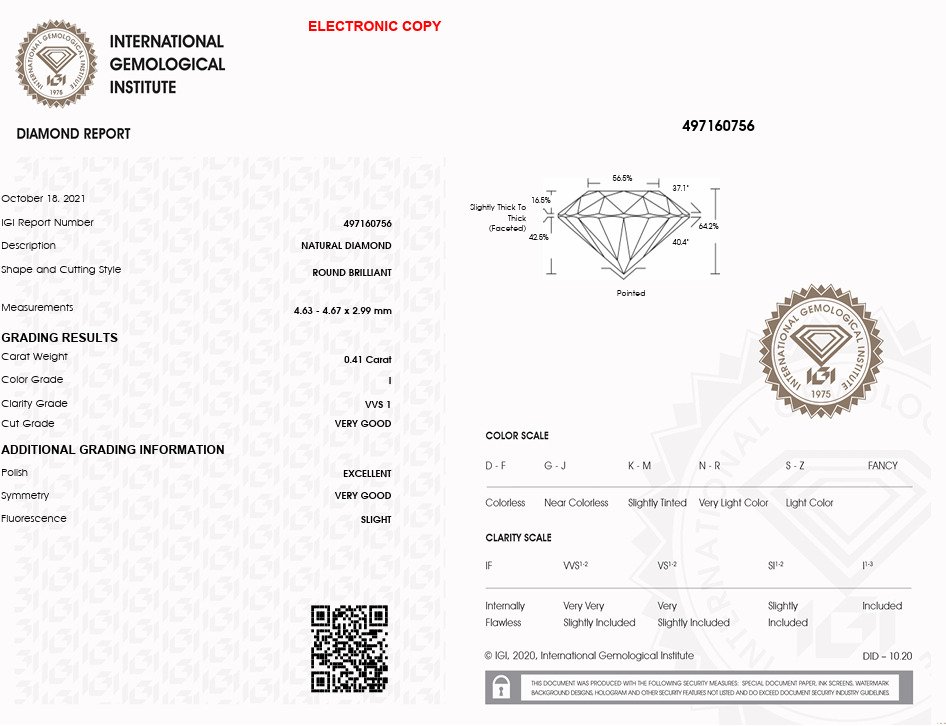 1 pcs 鑽石 (天然) - 0.41 ct - 圓形 - I(極微黃、正面看為白色) - VVS1 - 國際寶石學院(International Gemological Institute (IGI)) #2.1