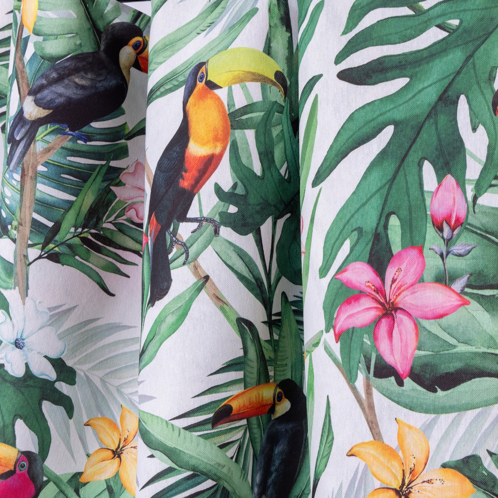 Dekorativt stoff «Tropical Paradise» – Bomull 100 % – Tukaner og eksotiske blomster - Polstringsstoff - 270 cm - 280 cm #1.0