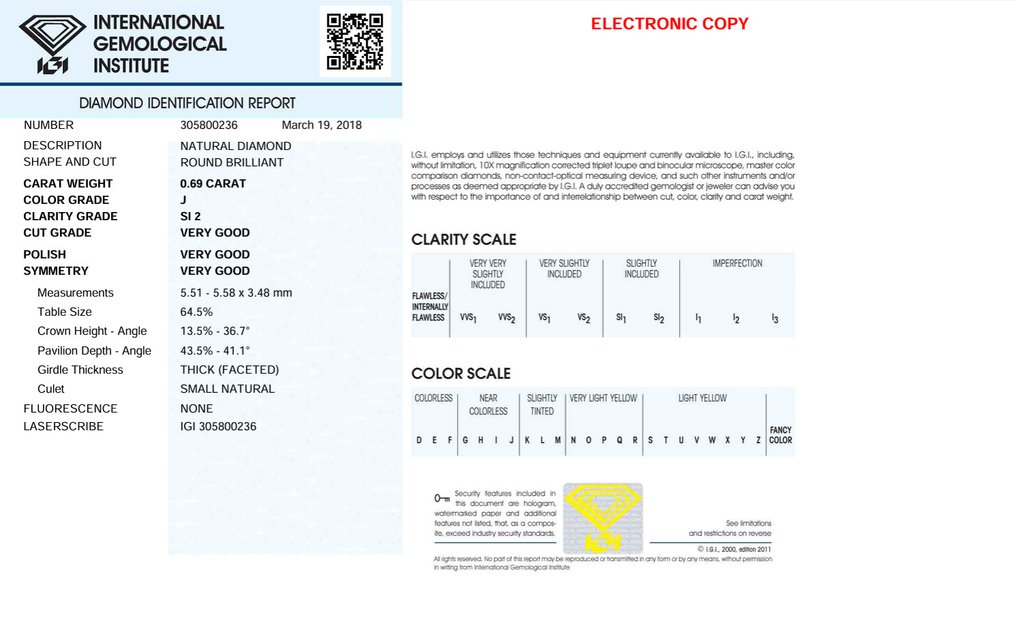 1 pcs 钻石  (天然)  - 0.69 ct - 圆形 - J - SI2 微内含二级 - 国际宝石研究院（IGI） #3.2