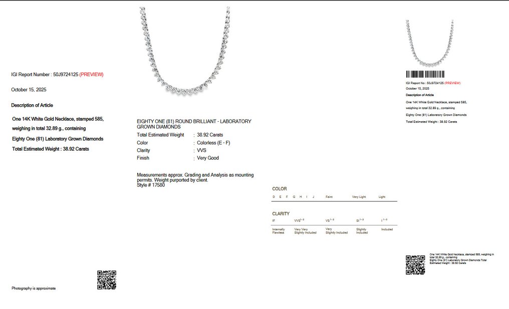 Collana - 14 carati Oro bianco - 38.92ct. tw. Diamante (Coltivato in laboratorio) - E-F VVS IGI Certified #2.1