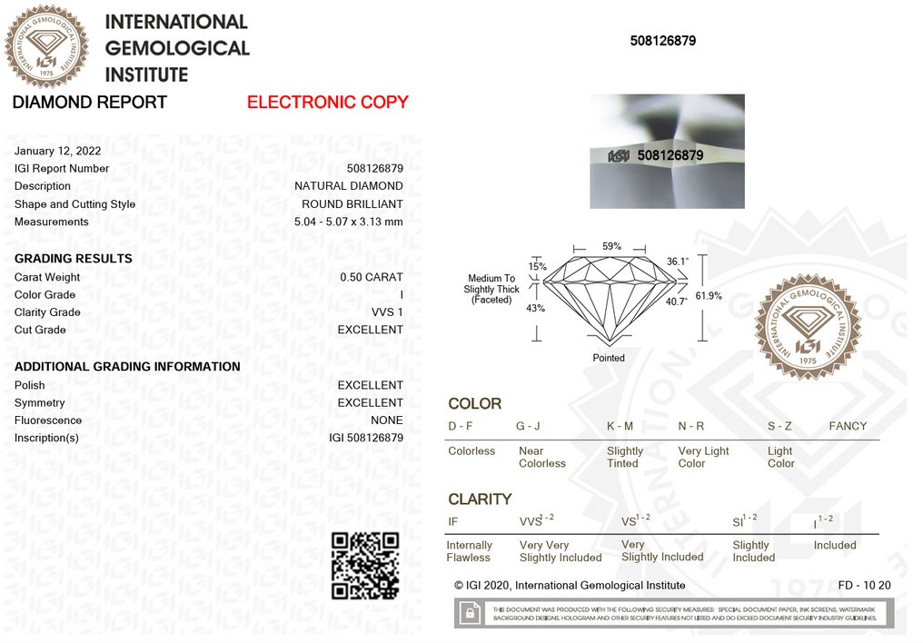 1 pcs Diamant (Natural) - 0.50 ct - Rotund - I - VVS1 - IGI (Institutul gemologic internațional) - Ex Ex Ex None #3.2