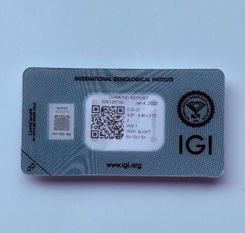 1 pcs Timantti  (Luonnollinen)  - 0.32 ct - Pyöreä - J - VVS1 - Kansainvälinen gemologinen instituutti (IGI) - Ex Ex Ex #1.0