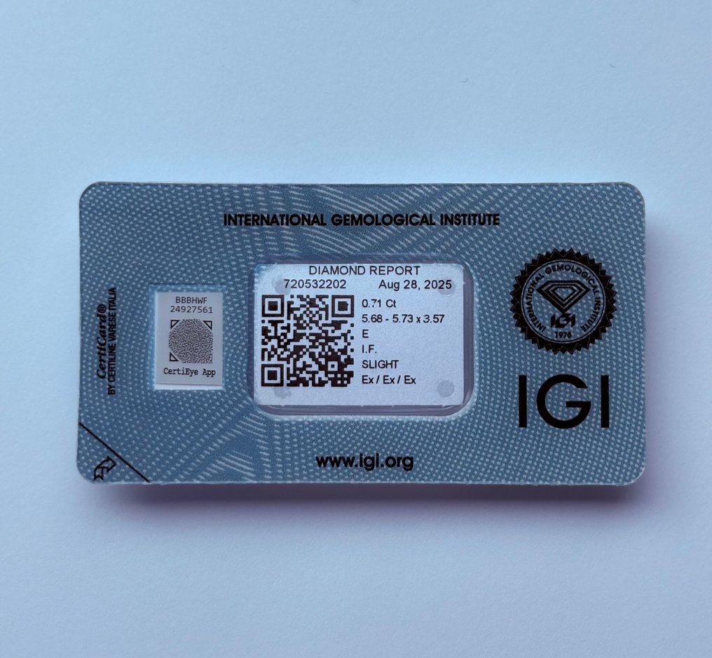1 pcs Diamond  (Natural)  - 0.71 ct - Round - E - IF - International Gemological Institute (IGI) - Ex Ex Ex #1.0