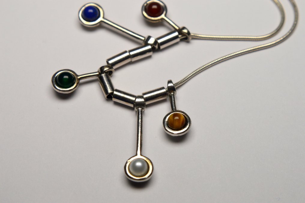 925 Silber - Achat, Smaragd, Lapislazuli, Perle, Tigerauge - Halskette #3.2