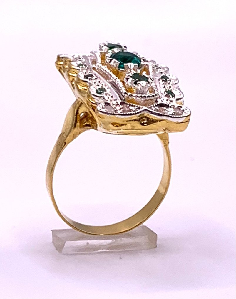 没有保留价 - 鸡尾酒戒指 - 9 kt. 黄金, 银 祖母绿 - 祖母绿 - Diamanti #3.2