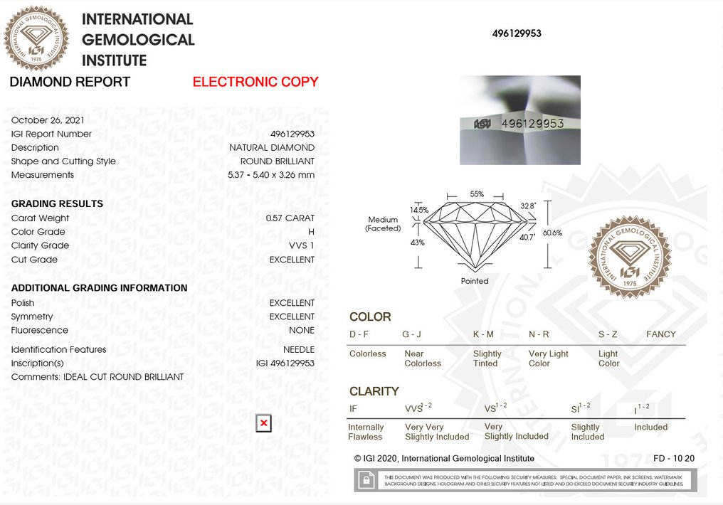 1 pcs 钻石  (天然)  - 0.57 ct - 圆形 - H - VVS1 极轻微内含一级 - 国际宝石研究院（IGI） - Ex Ex Ex 无 #3.2