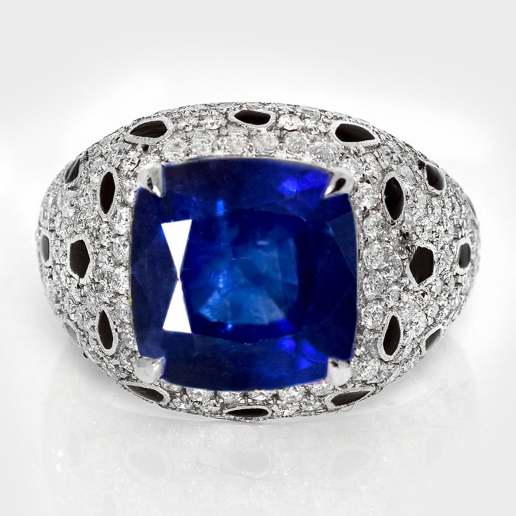 没有保留价 - 戒指 - 14K包金 白金, IGI 8.20 克拉 浓烈深邃蓝色 - 9.66ct. tw. 蓝宝石 - 钻石 #1.0