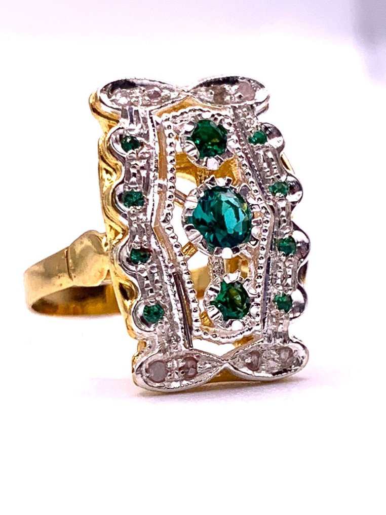 没有保留价 - 鸡尾酒戒指 - 9 kt. 黄金, 银 祖母绿 - 祖母绿 - Diamanti #1.0