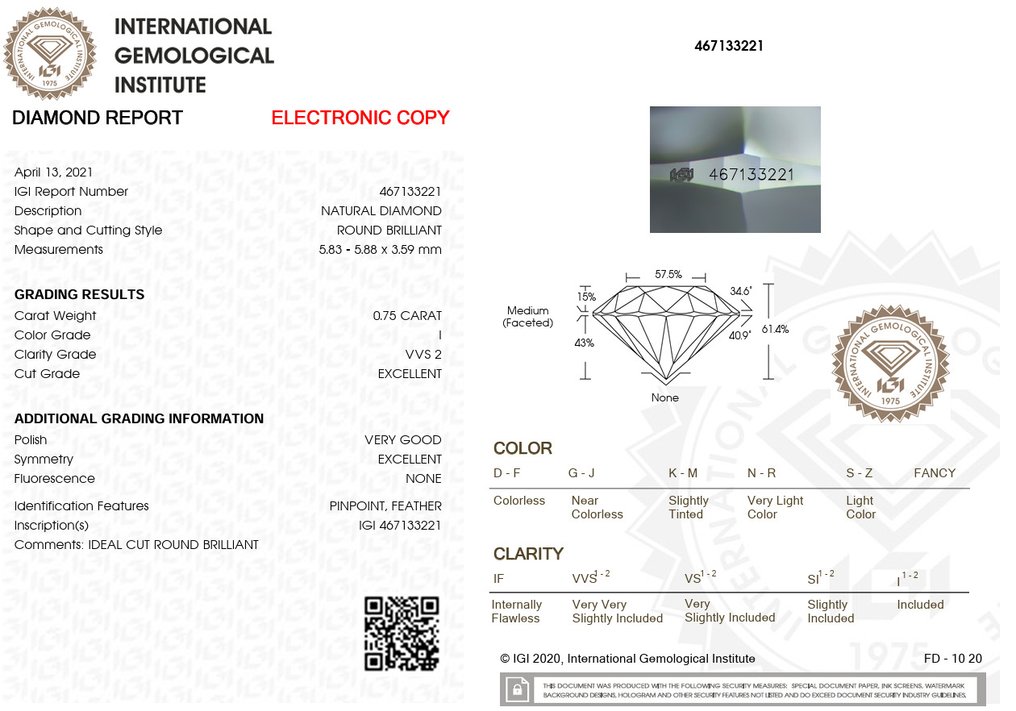 1 pcs 钻石 (天然) - 0.75 ct - 圆形 - I - VVS2 极轻微内含二级 - 国际宝石研究院(IGI) #2.1
