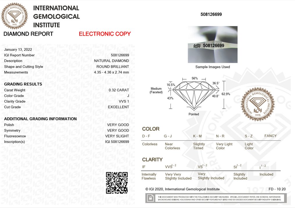 1 pcs Gyémánt  (Természetes)  - 0.32 ct - Kerek - J - VVS1 - Nemzetközi Gemmológiai Intézet (IGI) #3.2