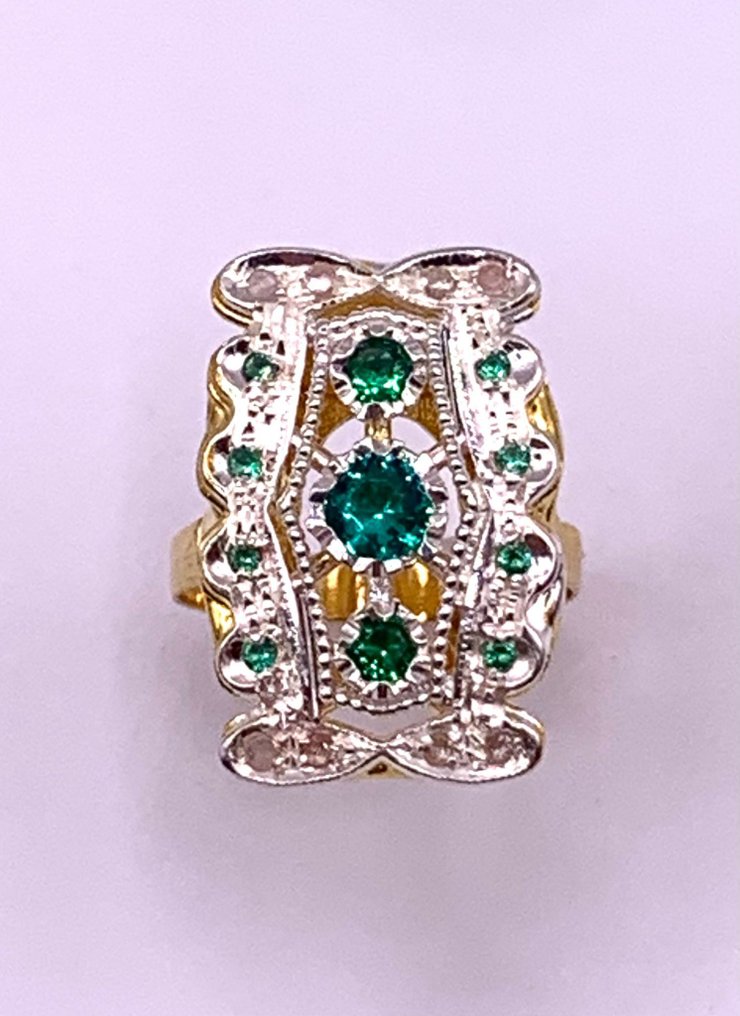 没有保留价 - 鸡尾酒戒指 - 9 kt. 黄金, 银 祖母绿 - 祖母绿 - Diamanti #1.0