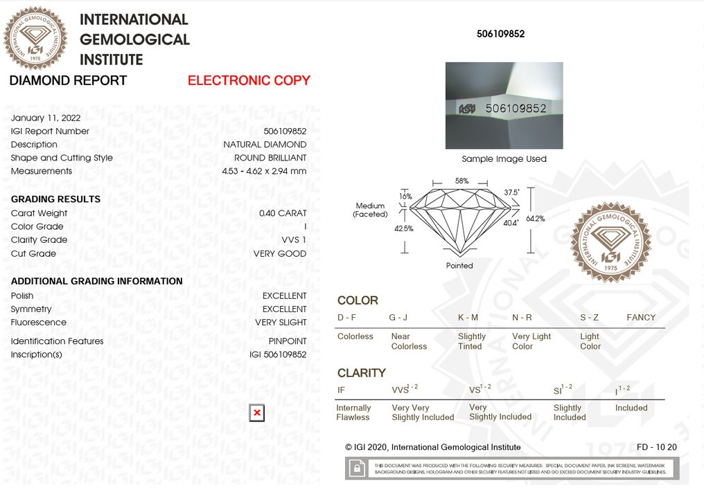 1 pcs 钻石  (天然)  - 0.40 ct - 圆形 - I - VVS1 极轻微内含一级 - 国际宝石研究院（IGI） #2.1