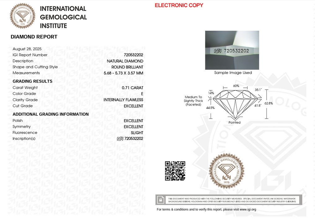 1 pcs Diamond  (Natural)  - 0.71 ct - Round - E - IF - International Gemological Institute (IGI) - Ex Ex Ex #2.1
