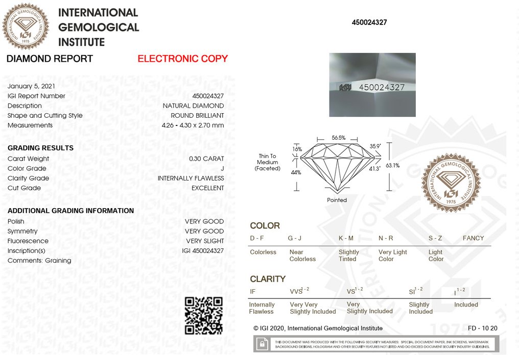 1 pcs Diamant  (Natural)  - 0.30 ct - Rund - J - IF - International Gemological Institute (IGI) #3.2