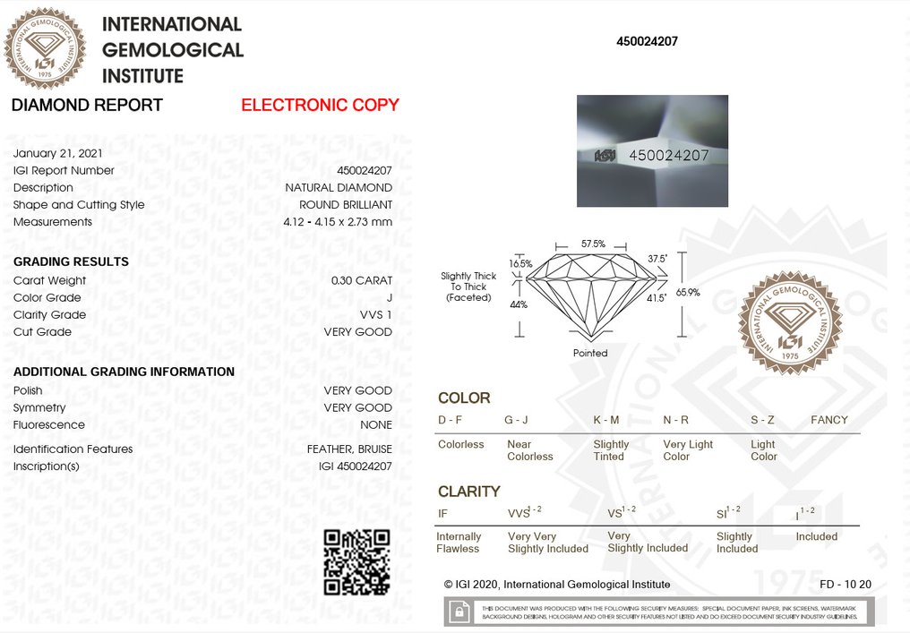 1 pcs 钻石 (天然) - 0.30 ct - 圆形 - J - VVS1 极轻微内含一级 - 国际宝石研究院(IGI) #2.1