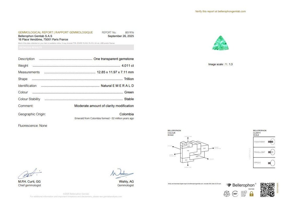 1 pcs  Groen Smaragd  - 4.01 ct - Bellerophon Gemlab - Colombiaanse smaragd #3.2