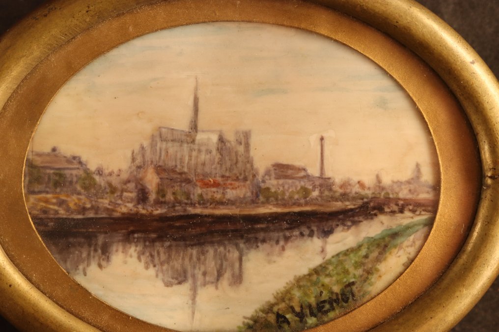 Antiek ovaal lijstje met miniatuur - Cornice  - Metallo, Vetro, celluloide #1.0