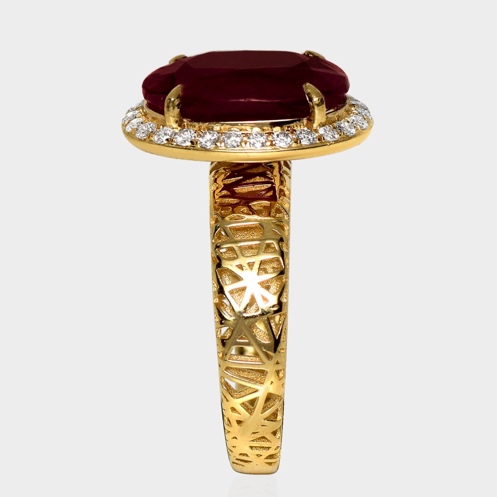没有保留价 - 戒指 - 14K包金 黄金, IGI 4.83 克拉未加热紫红色 -  5.11ct. tw. 红宝石 - 钻石 #4.3
