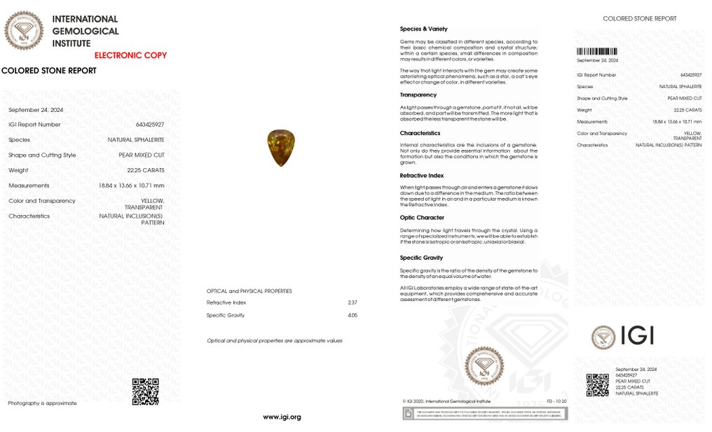 黄色 闪锌矿  - 22.25 ct - 国际宝石研究院（IGI） - 来自西班牙的精品宝石 #2.1