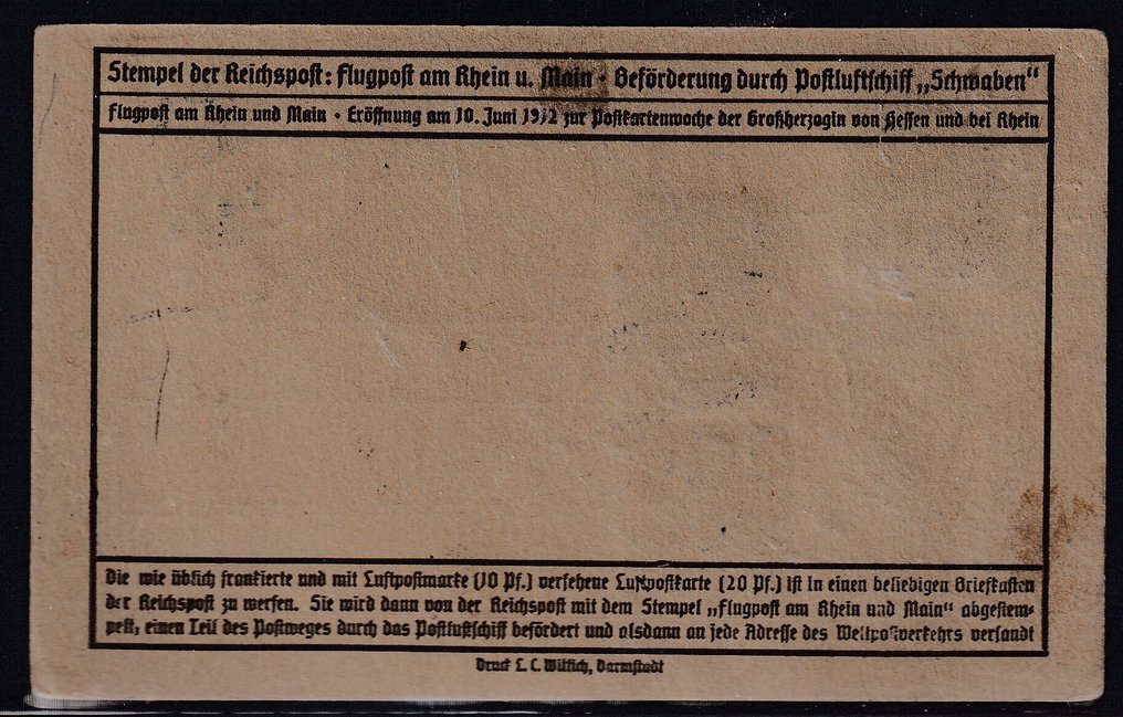 德意志帝国 1912 - 30Pf（3）和德国5便士，带有飞行邮戳，达姆施塔特，1912年6月23日，载于特别明信片上。 #1.0