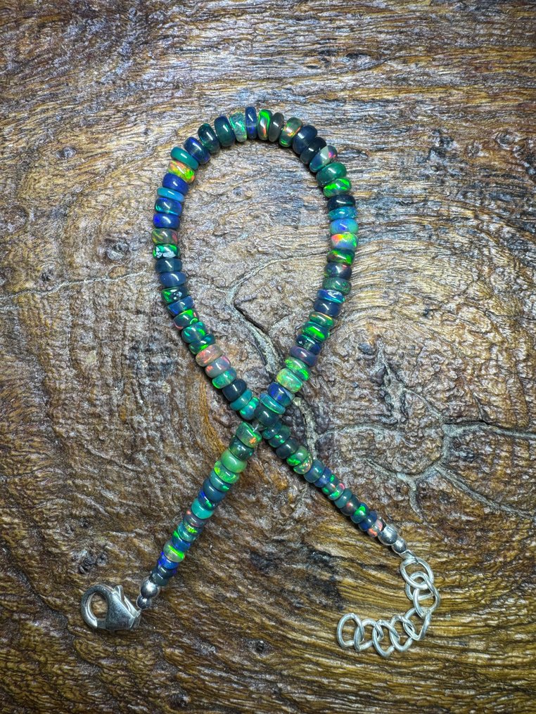 天然黑欧泊手链,来自埃塞俄比亚的光滑 + 925纯银。19.47克拉 珠宝- 3.89 g - (1) #2.1