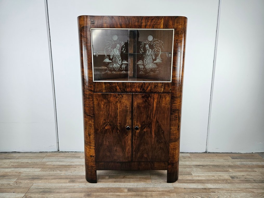 轉角櫃 - 30年代胡桃木材的英式衣柜，艺术装饰风格。 - 伯爾胡桃木, 玻璃 #1.0