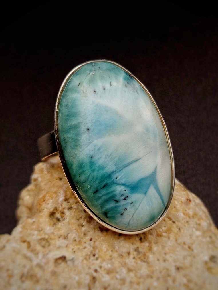 925 silver ring with top-quality Larimar, adjustable size.- 10 g - (1) #2.1