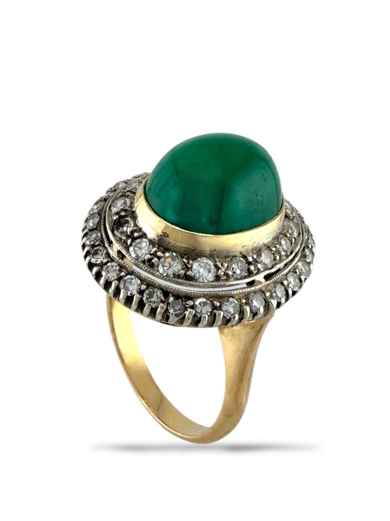 Δαχτυλίδι - 14 καράτια Κίτρινο χρυσό, Αρχαίο δαχτυλίδι από 14K κίτρινο χρυσό, διαμάντι και πράσινο χαλαζία. Νεφρίτης #1.0