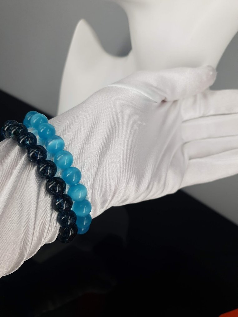 电气石猫眼天然珠子 长度：15.5厘米至16厘米 / 免邮 - 手镯 #4.3