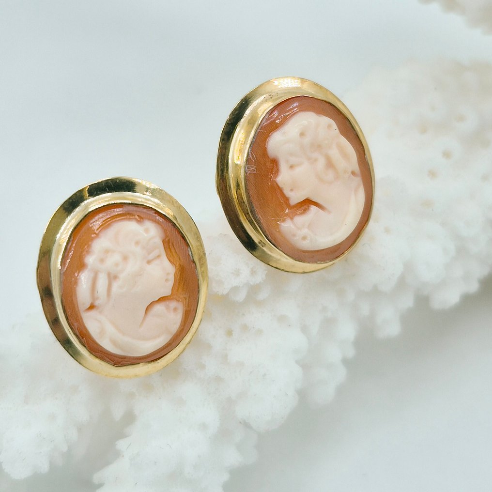 银, Gold-plated - 耳环 - 手工切割的CAMMEI #1.0