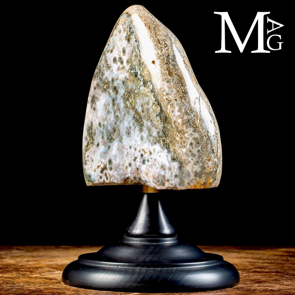 Rare and precious Orbicolar Jasper - Ocean Jasper on artisanal Italian wood base - Height: 280 mm - Width: 175 mm- 3555 g #3.2