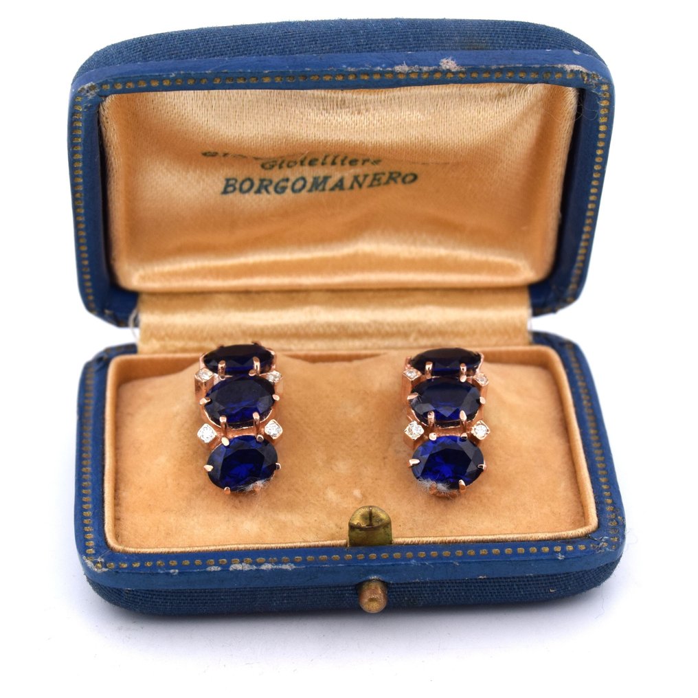 没有保留价 - 耳环 玫瑰金, 银 - 9.40ct. tw. 蓝宝石 - 钻石 - 银 #1.0