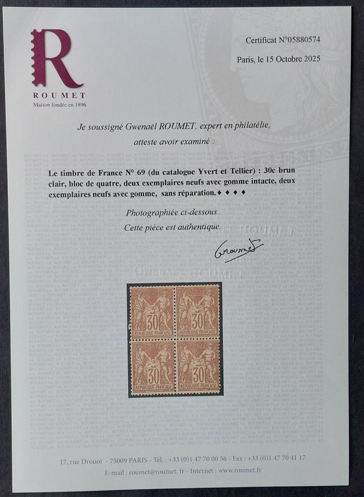 Ranska 1876 - Sage, tyyppi I, 30 c. vaaleanruskea, 4 kappaleen lohko, uusi*/**, Roumetin allekirjoittama, - Yvert 69 #1.0