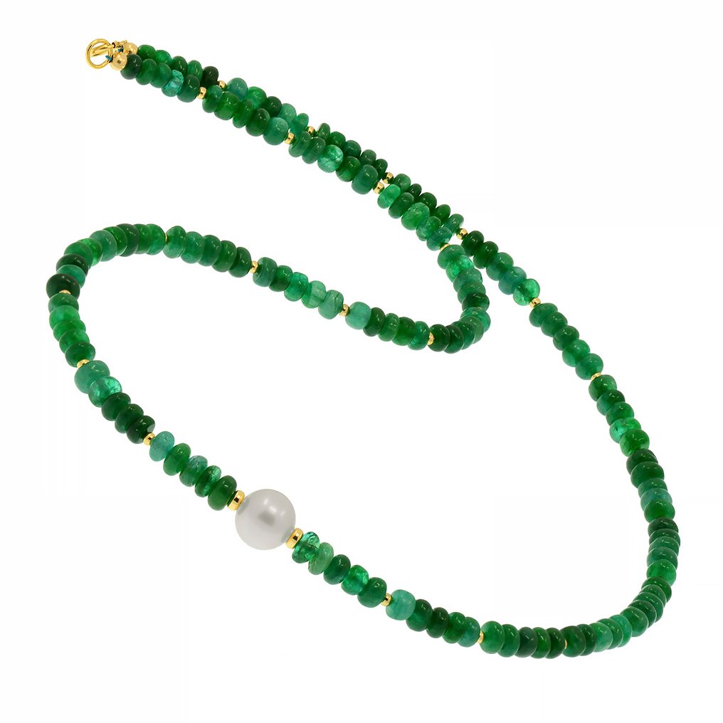 χωρίς τιμή ασφαλείας - Κολιέ - 18 καράτια Κίτρινο χρυσό Μαργαριτάρι - Σμαράγδι #1.0