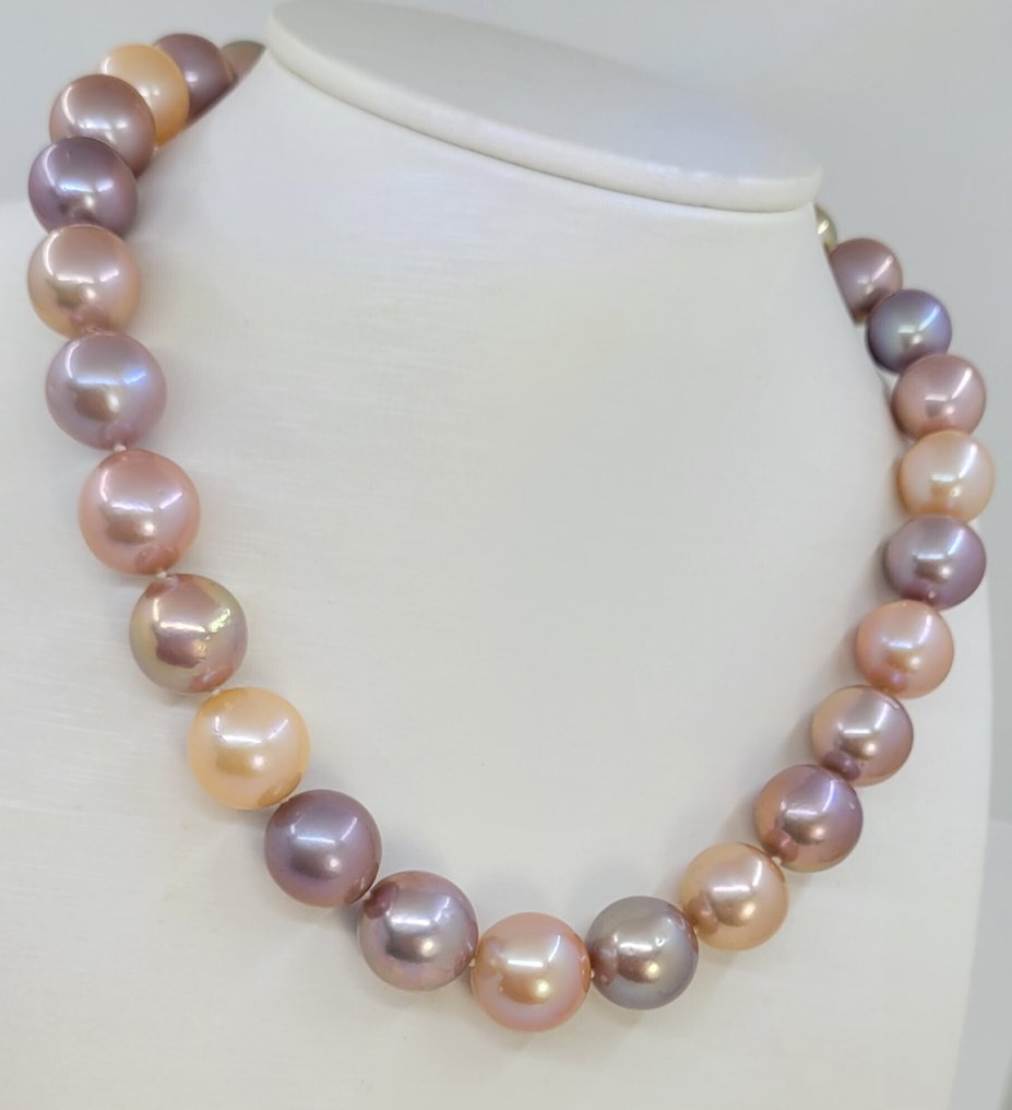 頸鏈 - 14 克拉 白金 - 13x15毫米巨大爱迪生珍珠 #1.0